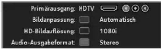 Primärausgang: HDTV Bildanpassung: Automatisch HD-Bildauflösung: 1080i Audio-Ausgabeformat: Stereo