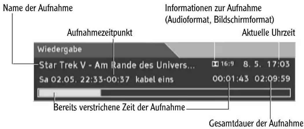 Name der Aufnahme Aufnahmezeitpunkt Informationen zur Aufnahme (Audioformat, Bildschirmformat) Aktuelle Uhrzeit Wiedergabe Star Trek V - Am Rande des Univers... Sa 02.05. 22:33-00:37 kabel eins 16:9 8.5. 17:03 00:01:43 02:09:59 Bereits verstrichene Zeit der Aufnahme Gesamtdauer der Aufnahme