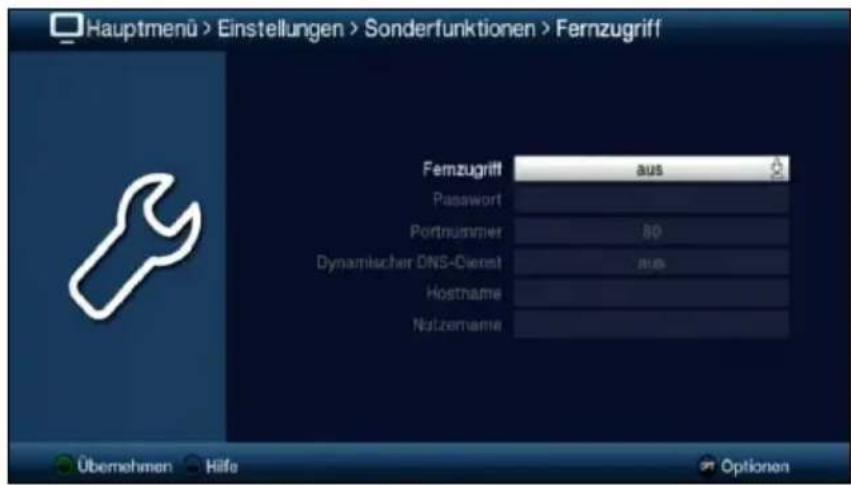 Hauptmenü > Einstellungen > Sonderfunktionen > Fernzugriff Fernzugriff aus Password Portnummer 80 Dynamischer DNS-Dierest aus Hostname Nutzername Übernehmen Hilfe Optionen