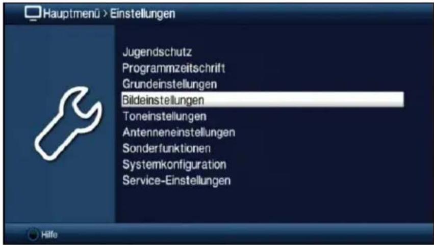 Hauptmenü > Einstellungen Jugendschutz Programmzeitschrift Grundeinstellungen Bildeinstellungen Toneinstellungen Antenneneinstellungen Sonderfunktionen Systemkonfiguration Service-Einstellungen