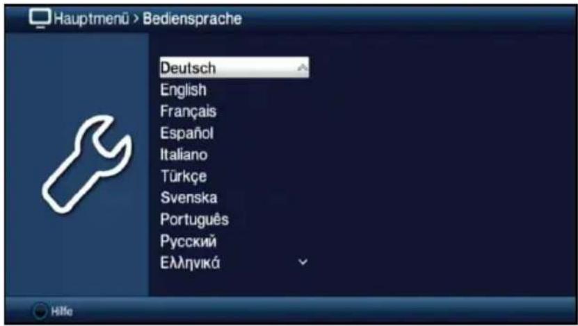 Hauptmenü > Bediensprache Deutsch English Français Español Italiano Türkçe Svenska Português Русский Еллгнікá Hille
