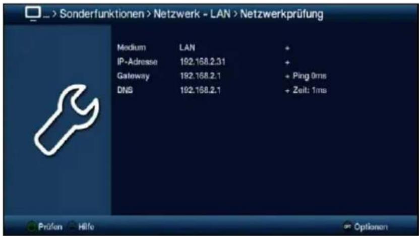 Sonderfunktionen > Netzwerk - LAN > Netzwerkprüfung Medium LAN + IP-Adresse 192.168.2.31 + Gateway 192.168.2.1 + Ping 0ms DNS 192.168.2.1 + Zeit: 1ms