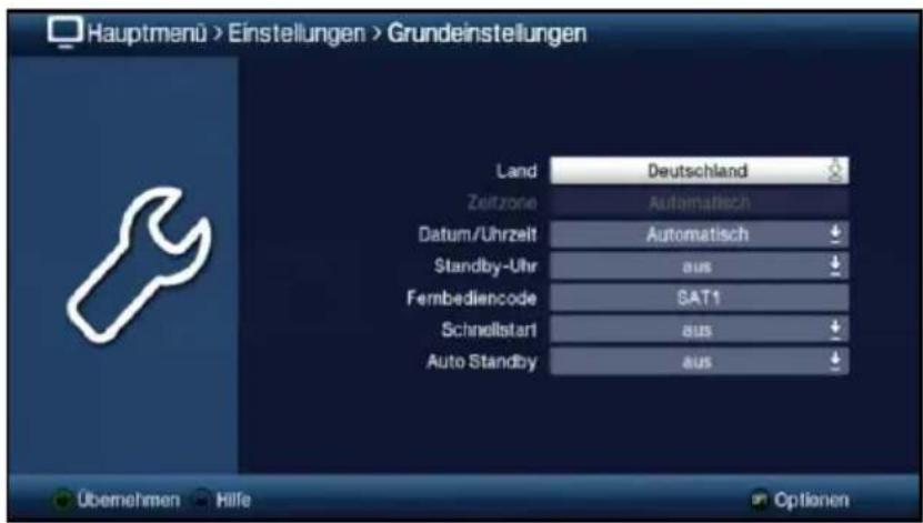Hauptmenü > Einstellungen > Grundeinstellungen Land Deutschland Zeitzone Automatisch Datum/Uhrzeit Automatisch Standby-Uhr aus Fernbediencode SAT1 Schnellstart aus Auto Standby aus Übemehmen Hilfe Optionen