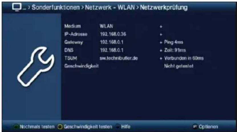 Sonderfunktionen > Netzwerk - WLAN > Netzwerkprüfung Medium WLAN + IP-Adresse 192.168.0.35 + Gateway 192.168.0.1 + Ping 4ms DNS 192.168.0.1 + Zeit: 91ms TSUM sw.technibutler.de + Verbunden in 60ms Geschwindigkeit Nicht getestet Nochmals testen Geschwindigkeit testen Hife Optionen