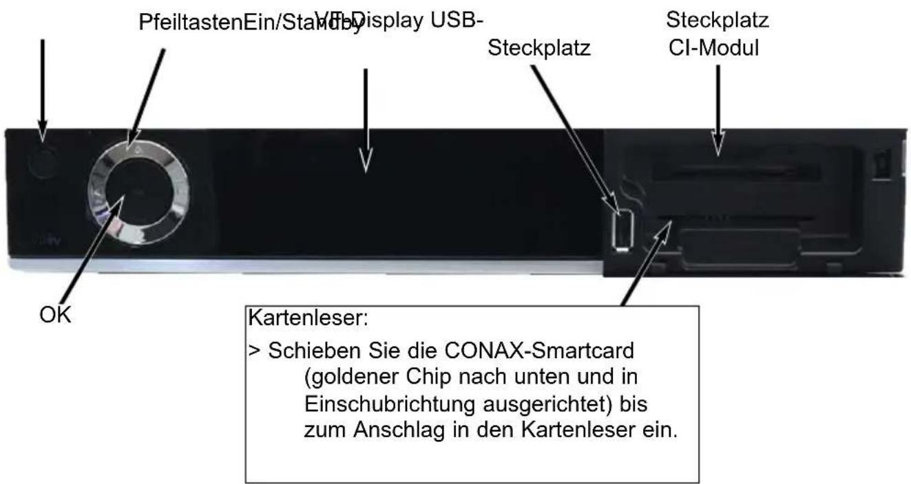 PfeiltastenEin/Staub by Display USB- Steckplatz Steckplatz CI-Modul OK Kartenleser: > Schieben Sie die CONAX-Smartcard (goldener Chip nach unten und in Einschubrichtung ausgerichtet) bis zum Anschlag in den Kartenleser ein.