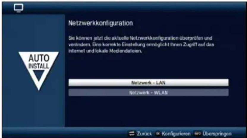 Netzwerkkonfiguration Sie können jetzt die aktuelle Netzwerkkonfiguration überprüfen und verändern. Eine korrekte Einstellung ermöglicht Ihnen Zugriff auf das Internet und lokale Mediendatsien. Auto INSTALL Netzwerk - LAN Netzwerk - WLAN Zurück Konfigurieren Überspringen