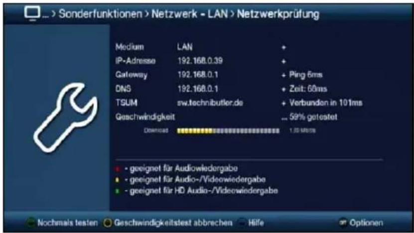 Sonderfunktionen > Netzwerk - LAN > Netzwerkprüfung Medium LAN + IP-Adresse 192.168.0.39 + Gateway 192.168.0.1 + Ping 6ms DNS 192.168.0.1 + Zeit: 60ms TSUM sw.technibutler.de + Verbunden in 101ms Geschwindigkeit ... 59% getestet Download 1.00 MHz • geeignet für Audiowiedergabe • geeignet für Audio-/Videowiedergabe • geeignet für HD Audio-/Videowiedergabe Nochmais testen Geschwindigkeitstest abbrechen Hilfe Optionen