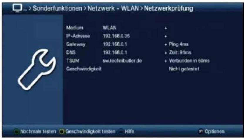 Sonderfunktionen > Netzwerk - WLAN > Netzwerkprüfung Medium WLAN + IP-Adresse 192.168.0.36 + Gateway 192.168.0.1 + Ping 4ms DNS 192.168.0.1 + Zeit: 91ms TSUM sw.technibutler.de + Verbunden in 60ms Geschwindigkeit Nicht getestet Nochmals testen Geschwindigkeit testen Hilfe Optionen