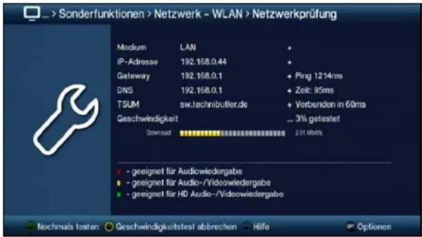 ... > Sonderfunktionen > Netzwerk - WLAN > Netzwerkprüfung Medium LAN + IP-Adresse 192.168.0.44 + Gateway 192.168.0.1 + Ping 1214ms DNS 192.168.0.1 + Zeit: 95ms TSUM sw.technibutler.de + Verbunden in 60ms Geschwindigkeit ... 3% getestet Download 2.01 Mbbls - geeignet für Audiowiedergabe - geeignet für Audio-/Videowiedergabe - geeignet für HD Audio-/Videowiedergabe Nochmals testen Geschwindigkeitsfest abbrechen Hilfe Optionen