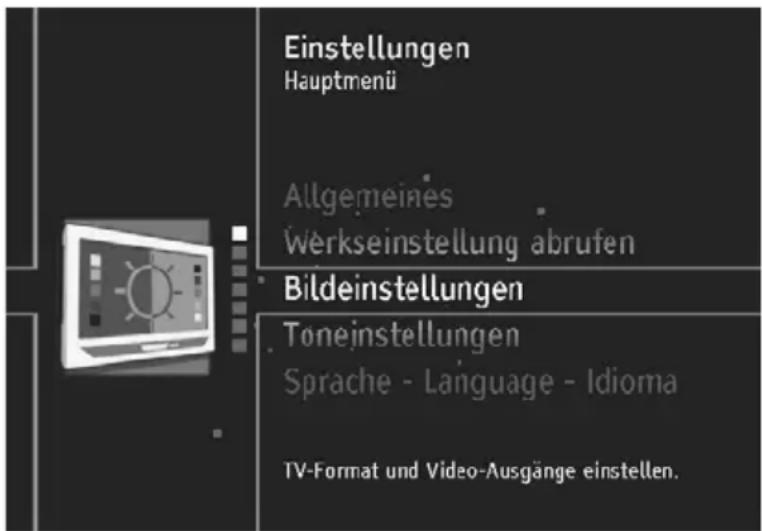 Einstellungen Hauptmenü Allgemeines Werkseinstellung abrufen Bildeinstellungen Toneinstellungen Sprache - Language - Idioma TV-Format und Video-Ausgänge einstellen.