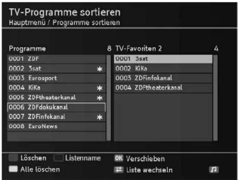 TV-Programme sortieren Hauptmenü / Programme sortieren Programme 8 TV-Favoriten 2 0001 ZDF 0002 3sat 0003 Eurosport 0004 KiKa 0005 ZDFtheaterkanal 0006 ZDFdokukanal 0007 ZDFinfokanal 0008 EuroNews 0001 3sat 0002 KiKa 0003 ZDFinfokanal 0004 ZDFtheaterkanal Löschen Listename OK Verschieben Alle löschen Liste wechseln