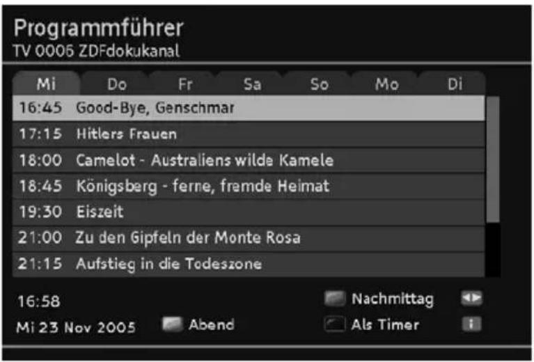 Programmführer TV 0005 ZDFdokukanal Mi Do Fr Sa So Mo Di 16:45 Good-Bye, Genschmar 17:15 Hitlers Frauen 18:00 Camelot - Australiens wilde Kamele 18:45 Königsberg - ferne, framde Heimat 19:30 Eiszeit 21:00 Zu den Gipfeln der Monte Rosa 21:15 Aufstieg in die Todeszone 16:58 Nachmittag Mi 23 Nov 2005 Abend Als Timer