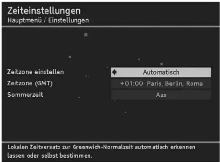 Zeiteinstellungen Hauptmenü / Einstellungen Zeitzone einstellen Zeitzone (GMT) Sommerzeit Automatisch +01:00 Paris, Berlin, Roma Aus Lokalen Zeitversatz zur Greenwich-Normalzeit automatisch erkennen lassen oder selbst bestimmen.