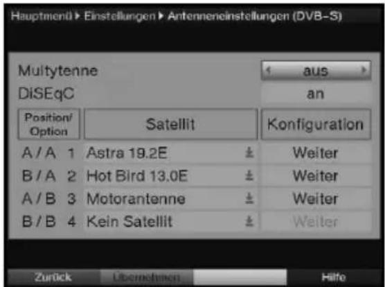 Hauptmentü► Einstellungen► Antenneneinstellungen (DVB-S) Multiytenne diSEqC Position/Option Satellit aus an A / A 1 Astra 19.2E ± Keiter B / A 2 Hot Bird 13.0E ± Keiter A / B 3 Motorantenne ± Keiter B / B 4 Kein Satellit ± Keiter Zurück Übernehmen Hilfe