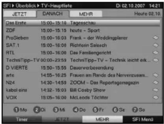 SFI > Überblick > TV-Hauptliste Di 02.10.2007 14:21 JETZT DANACH MEHR Heute 02.10. Das Erste 15:00-15:10 Tagesschau ZDF 15:00-15:15 heute - Sport ProSieben 15:00-16:03 Frank - der Weddingplaner SAT.1 15:00-16:00 Richtenin Salesch RTL 15:00-16:00 Das Famtiengericht TechniTipp-TV 00:00-23:59 TechniTipp-TV - Technik leicht erk... D VIERTE 15:50-15:55 Dauerwerbesendung arte 14:55-16:25 Frauen am Rande des Nervenzusam... N24 14:30-14:59 ZOOM - Das Reportagemagazin kabel eins 14:32-15:03 Bill Cosby Show VOX 15:05-16:00 McLeods Töchter ① Mo ② Di ③ Mi ④ Do ⑤ Fr ⑥ Se ⑦ So Timer JETZT MEHR SFI Menü