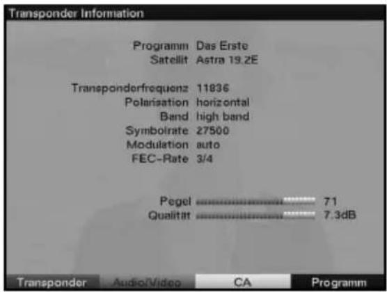 Transponder Information Programm Das Erste Satellit Astra 19.2E Transponderfrequenz 11836 Polarisation horizontal Band high band Symbolrate 27500 Modulation auto FEC-Rate 3/4 Pegel 71 Qualität 7.3dB Transponder Audio/Video CA Programm