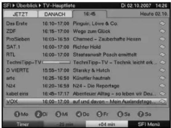 SFI Überblick TV-Hauptliste Di 02.10.2007 14:26 JETZT DANACH 16:45 Heuto 02.10. Das Erste 16:10-17:00 Pinguin, Lövre & Co. ZDF 16:15-17:00 Wege zum Glück ProSieben 16:03-16:59 Channe - Zauberhafte Hexen SAT.1 16:00-17:00 Richter Hold RTL 16:00-17:00 Stearssanwalt Posch ermittelt TechniTipp-TV TechniTipp-TV - Technik leicht erk... D VIERTE 15:55-17:00 Starsky & Hutch arte 16:25-16:50 Künetler hautnah N24 16:20-16:59 N24 - Die Reportage kabel eins 16:45-17:17 Abenteuer Alltag - so leben wir Deu... VOX 16:00-17:00 auf und davon - Mein Auelandstage... ① Mo ② Di ③ Mi ④ Do ⑤ Fr ⑥ Se ⑦ So Timer -20 min +04 min SFI Menü