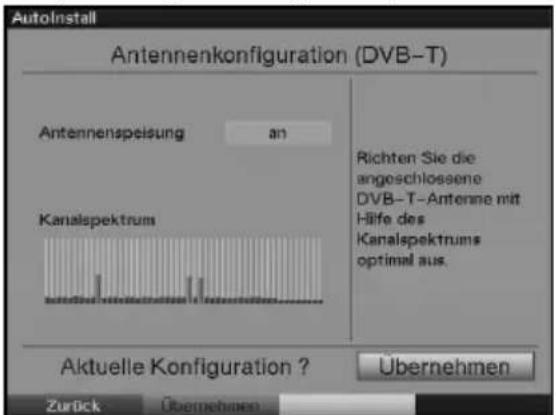 AutoInstall Antennenkonfiguration (DVB-T) Antennenspeisung an Richten Sie die angeschlossene DVB-T-Antenne mit Hilfe des Kanalspektrums optimal aus. Aktuelle Konfiguration ? Übernehmen Zurück Übernehmen