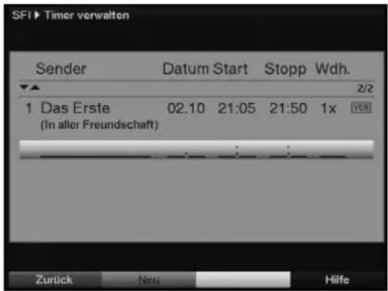 SFI ▶ Timer verwalten Sender Datum Start Stopp Wdh. 2/2 1 Das Erste 02.10 21:05 21:50 1x VER (In aller Freundschaft) Zurück Neu Hilfe