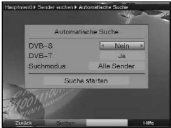 Hauptmen0 > Sender suchen > Automatische Suche Automatische Suche DVB-S ← Nein > DVB-T Ja Suchmodus Alle Sender Suche starten Zurück Suchen Hilfe