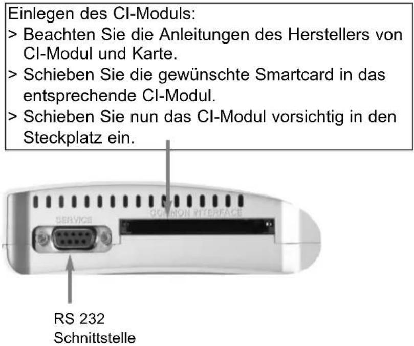 Einlegen des CI-Moduls: > Beachten Sie die Anleitungen des Herstellers von CI-Modul und Karte. > Schieben Sie die gewünschte Smartcard in das entsprechende CI-Modul. > Schieben Sie nun das CI-Modul vorsichtig in den Steckplatz ein. RS 232 Schnittstelle