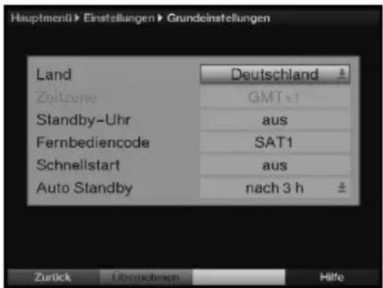 Hauptmenü Einstellungen Grundeinstellungen Land Deutschland Zeitzone GMT+1 Standby-Uhr aus Fernbediencode SAT1 Schnellstart aus Auto Standby nach 3 h Zurück Übergelnzen Hilfe