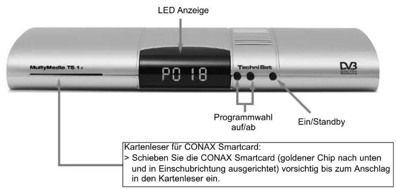 LED Anzeige MultiMedia TS 16 P0 18 TechniSat DV3 Programmwahl auf/ab Ein/Standby Kartenleser für CONAX Smartcard: > Schieben Sie die CONAX Smartcard (goldener Chip nach unten und in Einschubrichtung ausgerichtet) vorsichtig bis zum Anschlag in den Kartenleser ein.