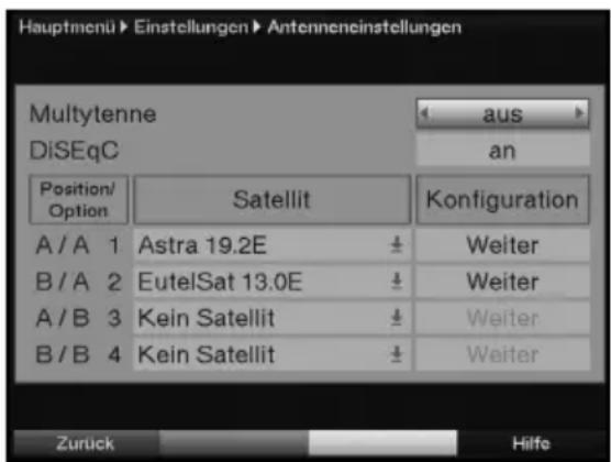 Hauptmenü Einstellungen Antenneneinstellungen Multiytenne diSEqC aus an Position/Option Satellit Konfiguration A / A 1 Astra 19.2E ± Weiter B / A 2 EutelSat 13.0E ± Weiter A / B 3 Kein Satellit ± Weiter B / B 4 Kein Satellit ± Weiter Zurück Hilfe