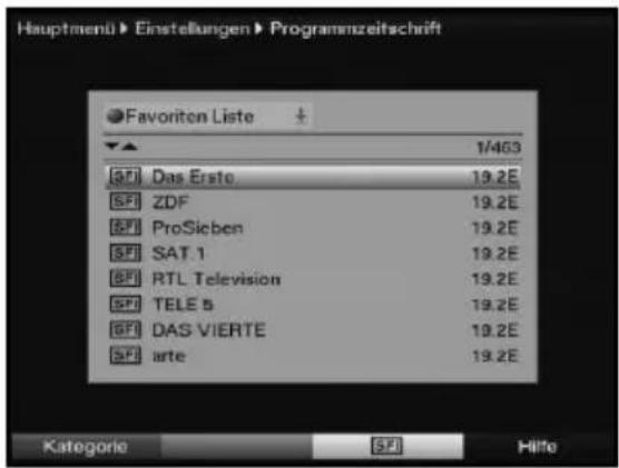 Hauptmenü Einstellungen Programnzeitschrift ● Favoriten Liste 1/463 SFI Das Erste 19.2E SFI ZDF 19.2E SFI ProSieben 19.2E SFI SAT.1 19.2E SFI RTL Television 19.2E SFI TELE 5 19.2E SFI DAS VIERTE 19.2E SFI arte 19.2E Kategorie SFI Hilfe