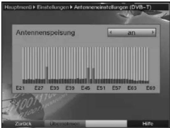 Hauptmentü► Einstellungen► Antenneneinstellungen (DVB-T) Antennenspeisung an E21 E27 E33 E39 E45 E51 E57 E63 E69 Zurück Übemöhnien Hilfe