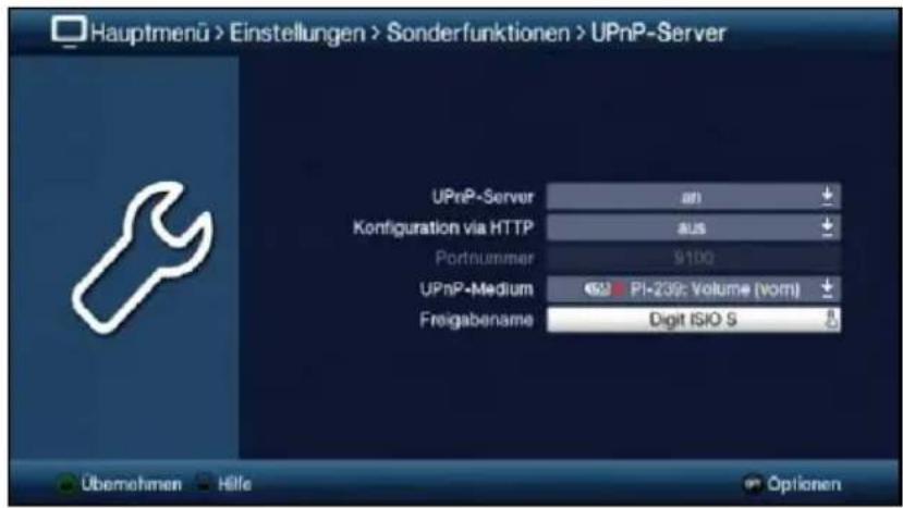 Hauptmenü > Einstellungen > Sonderfunktionen > UPnP-Server UPnP-Server An Konfiguration via HTTP AUS Portnummer 9100 UPnP-Medium PI-239: Volume (vom) Freigabename Digit ISO 5 Übernehmen Hilfe Optionen