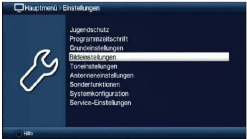 Hauptmenü > Einstellungen Jugendschutz Programmzeitschrift Grundeinstellungen Bildeinstellungen Toneinstellungen Antenneneinstellungen Sonderfunktionen Systemkonfiguration Service-Einstellungen