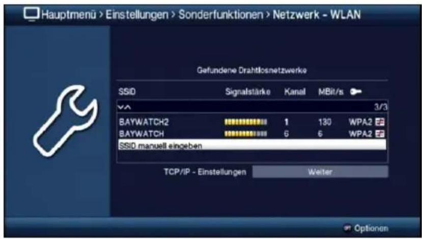 Hauptmenü > Einstellungen > Sonderfunktionen > Netzwerk - WLAN Gefundene Drahtlosnetzwerke SSID Signalstärke Kanal MBit/s 3/3 BAYWATCH2 1 130 WPA2 BAYWATCH 6 6 WPA2 SSID manuell eingeben TCP/IP - Einstellungen Weiter Optionen
