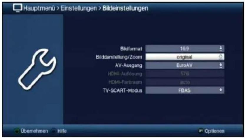 Hauptmenü > Einstellungen > Bildeinstellungen Bildformat 16:9 ↓ Bilddarstellung/Zoom original AV-Ausgang EuroAV ↓ HDMI-Aufösung 578 HDMI-Farbraism auto TV-SCART-Modus FBAS ↓ Übemehmen Hilfe Optionen