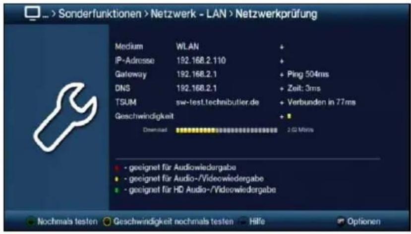 Sonderfunktionen > Netzwerk - LAN > Netzwerkprüfung Medium WLAN + IP-Adresse 192.168.2.110 + Gateway 192.168.2.1 + Ping 504ms DNS 192.168.2.1 + Zeit: 3ms TSUM sw-test.technibutler.de + Verbunden in 77ms Geschwindigkeit + Download 2 GHz MioHz • - geeignet für Audiowiedergabe • - geeignet für Audio-/Videowiedergabe • - geeignet für HD Audio-/Videowiedergabe Nochmals testen Geschwindigkeit nochmals testen Hilfe Optionen