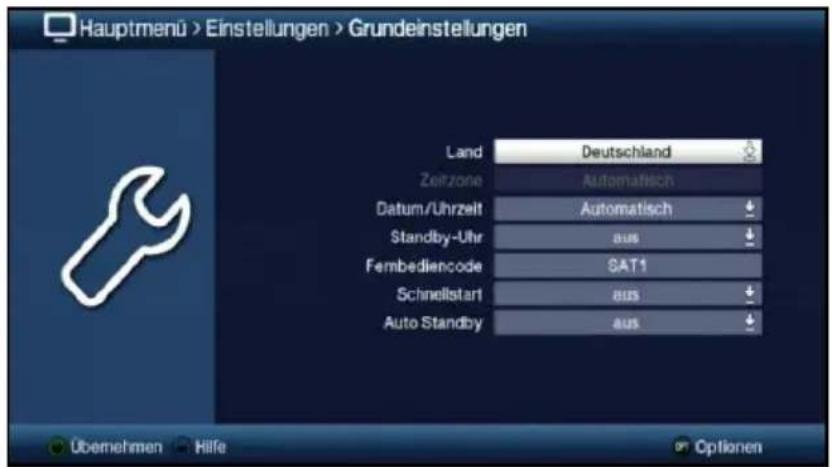 Hauptmenü > Einstellungen > Grundeinstellungen Land Deutschland Zeitzone Automatisch Datum/Uhrzeit Automatisch Standby-Uhr aus Fembediencode SAT1 Schnellstart aus Auto Standby aus Übemehmen Hilfe Optionen