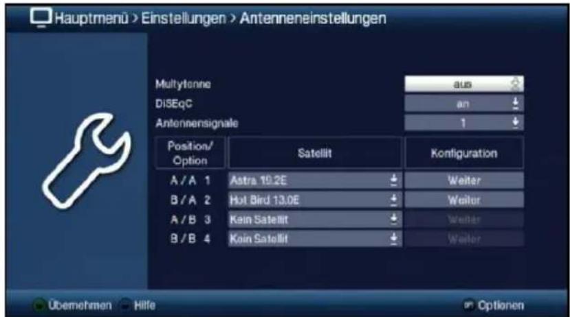 Hauptmenü > Einstellungen > Antenneneinstellungen Multiytonne diSEqC Antennensignale Position/ Option Satellit Konfiguration A / A 1 Astra 19.2E Weiter B / A 2 Hot Bird 13.0E Weiter A / B 3 Kein Satellit Weiter B / B 4 Koin Satellit Weiter Übernehmen Hilfe Optionen