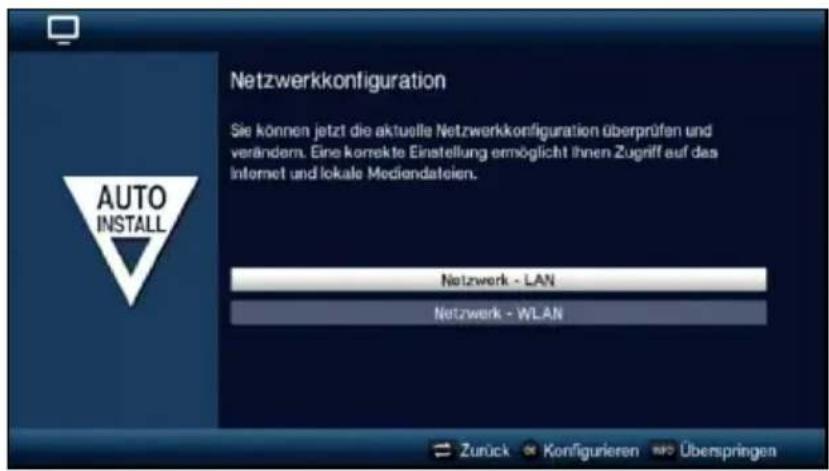 Netzwerkkonfiguration Sie können jetzt die aktuelle Netzwerkkonfiguration überprüfen und verändern. Eine korrekte Einstellung ermöglicht Ihnen Zugriff auf das Internet und lokale Mediendateien. Auto INSTALL Netzwerk - LAN Netzwerk - WLAN Zurück Konfigurieren Überspringen