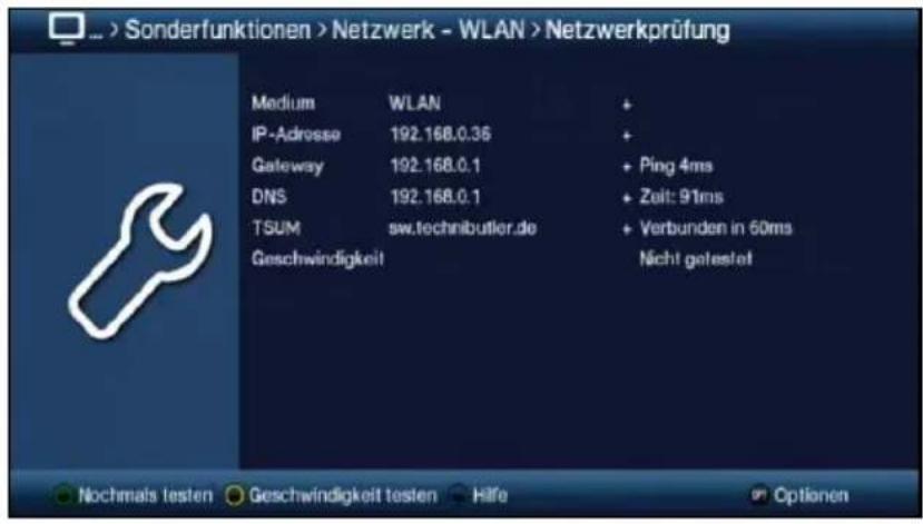 Sonderfunktionen > Netzwerk - WLAN > Netzwerkprüfung Medium WLAN + IP-Adresse 192.168.0.35 + Gateway 192.168.0.1 + Ping 4ms DNS 192.168.0.1 + Zeit: 91ms TSUM sw.technibutler.de + Verbunden in 60ms Geschwindigkeit Nicht getestet Nochmals testen Geschwindigkeit testen Hilfe Optionen