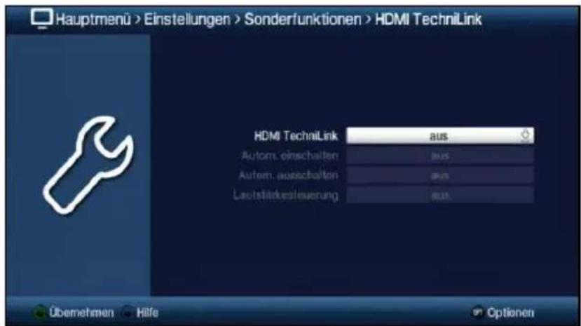 Hauptmenü > Einstellungen > Sonderfunktionen > HDMI TechniLink HDMI TechniLink aus Autom. einschalten aus Autom. ausschalten aus Laufslittkostenierung aus Übemehmen Hilfe Optionen