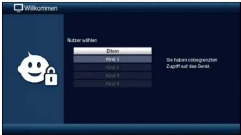 Willkommen Nutzer wählen Eltem Kind 1 Kind 2 Kind 3 Kind 4 Sie haben unbegrenzten Zugriff auf das Gerät.