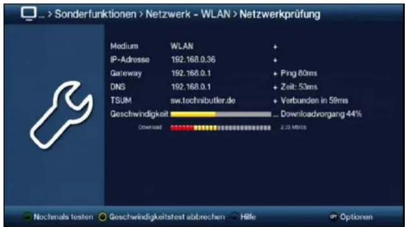 Sonderfunktionen > Netzwerk - WLAN > Netzwerkprüfung Medium WLAN + IP-Adresse 192.168.0.36 + Gateway 192.168.0.1 + Ping 80ms DNS 192.168.0.1 + Zeit: 53ms TSUM sw.technibutler.de + Verbunden in 59ms Geschwindigkeit Downloadvorgang 44% Download 2.30 MHz