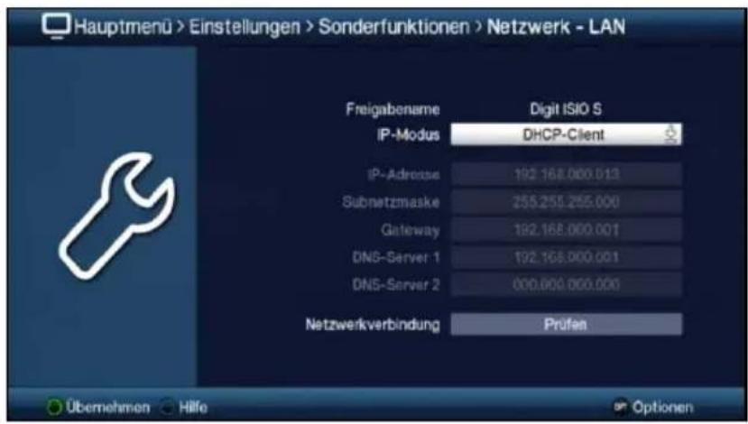 Hauptmenü > Einstellungen > Sonderfunktionen > Netzwerk - LAN Freigabename Digit ISIO S IP-Modus DHCP-Client IP-Adresse 192.168.000.013 Subnetzmaske 255.255.255.000 Gateway 192.168.000.001 DNS-Server 1 192.168.000.001 DNS-Server 2 000.000.000.000 Netzwerkverbindung Prufen Übernehmen Hilfe Optionen