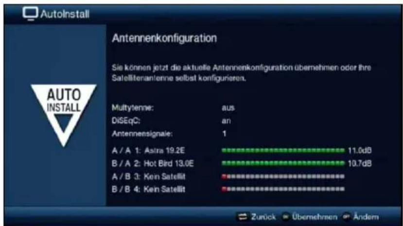 AutoInstall Antennenkonfiguration Sie können jetzt die aktuelle Antennenkonfiguration übernehmien oder ihre Satelliteranlenne selbst konfigurieren. Multitenne: aus DiSeqC: an Antennensignale: 1 A / A 1: Astra 19.2E 11.0dB B / A 2: Hot Bird 13.0E 10.7dB A / B 3: Kein Satellit B / B 4: Kein Satellit