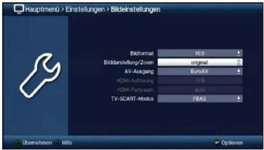 Hauptmenü > Einstellungen > Bildeinstellungen Bildformat 16:9 Bilddarstellung/Zoom original AV-Ausgang EuroAV HDMI-Aufösung 578 HDMI-Farbraum auto TV-SCART-Modus FBAS Übernehmen Hilfe Optionen
