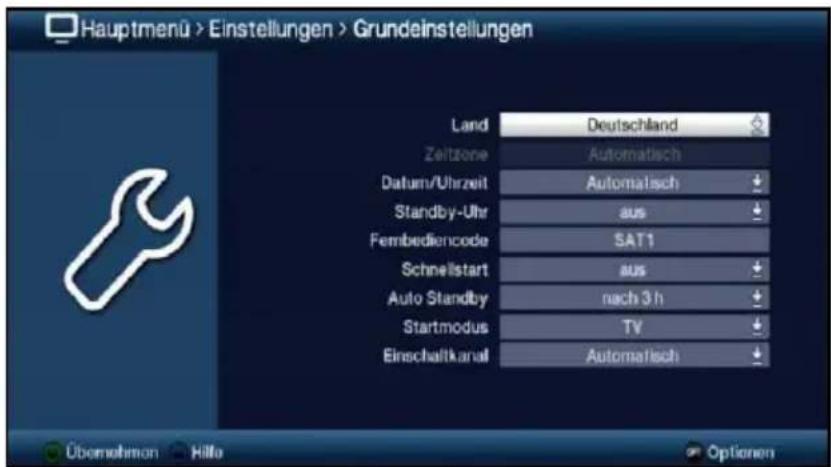 Hauptmenü > Einstellungen > Grundeinstellungen Land Deutschland Zeitzone Automatisch Datum/Uhrzeit Automatisch Standby-Uhr aus Fembediencode SAT1 Schnellstart aus Auto Standby nach 3 h Startmodus TV Einschaltkanal Automatisch Überohmern Hilfe Optionen