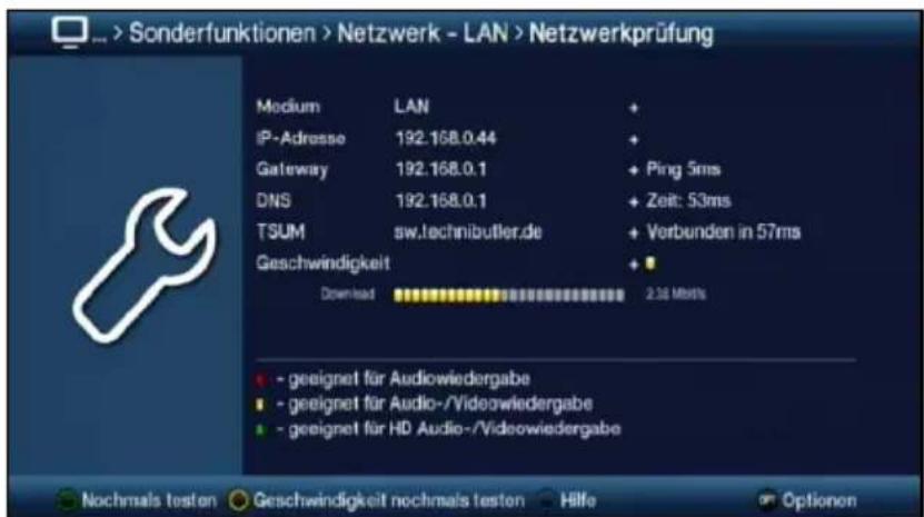 Sonderfunktionen > Netzwerk - LAN > Netzwerkprüfung Medium LAN + IP-Adresse 192.168.0.44 + Gateway 192.168.0.1 + Ping 5ms DNS 192.168.0.1 + Zeit: 53ms TSUM sw.technibutler.de + Verbunden in 57ms Geschwindigkeit + Download 2.36 Mbbls • geeignet für Audiowiedergabe • geeignet für Audio-/Videowiedergabe • geeignet für HD Audio-/Videowiedergabe Nochmals testen Geschwindigkeit nochmals testen Hilfe Optionon