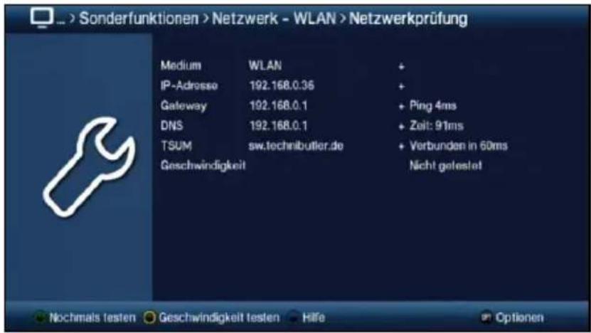 Sonderfunktionen > Netzwerk - WLAN > Netzwerkprüfung Medium WLAN + IP-Adresse 192.168.0.35 + Gateway 192.168.0.1 + Ping 4ms DNS 192.168.0.1 + Zeit: 91ms TSUM sw.technibutler.de + Verbunden in 60ms Geschwindigkeit Nicht getestet Nochmals testen Geschwindigkeit testen Hilfe Optionen