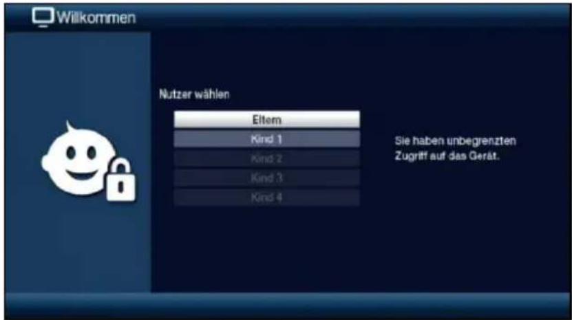 Willkommen Nutzer wählen Eltem Kind 1 Kind 2 Kind 3 Kind 4 Sie haben unbegrenzten Zugriff auf das Gerät.