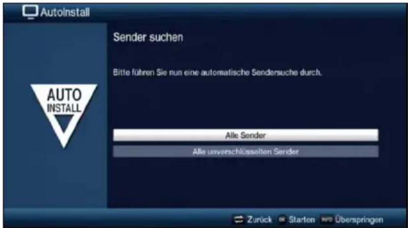 Autoinstall Sender suchen Bitte führen Sie nun eine automatische Sendersuche durch. AUTO INSTALL Alle Sender Alle umverschlüsselten Sender Zurück Starten Überspringen